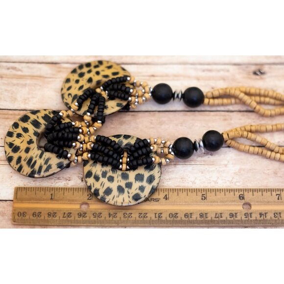 34 inch, Vintage Leopard Black Beads Bib Necklace - X24 - Picture 3 of 3